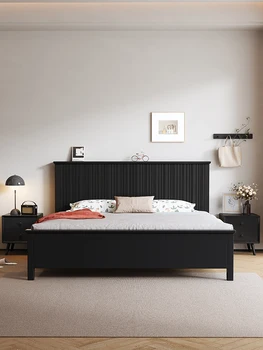 Nordijsko krevet od punog drveta sa crnim uzorkom, bračni krevet, s modernim jednostavan leđa, двухметровая veliki krevet za pohranu stvari u glavnoj spavaćoj sobi
