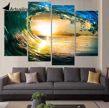 Artsailing, 4 predmeta, platnu, slika u HD-po cijeloj površini, Zlatni morski val, modularni slike, val, zalazak sunca, plaža, grafike na platnu