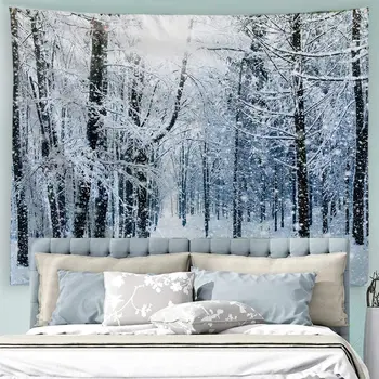 Tapiserije iz полиэстеровой tkanina sa slikom prirode, zimski snijeg u šumi