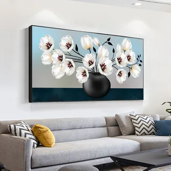 Sažetak bijelo cvijeće u crnoj biljka lonac, slika na platnu, moderne plakati i grafike s biljkama u skandinavskom stilu, zidni umjetnička slika za uređenje doma