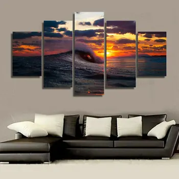 Morski val, krajolik zalaska sunca, 5 kom., print na platnu, zidni umjetnički plakat, Slike za uređenje doma, 5 kom., slike HD, ispis za doma dekor