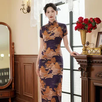 Ljetna haljina u kineskom stilu 2023, poboljšano dugo атласное haljina Чонсам, tanku haljinu Ципао, fotografija, modni retro-banket za žene
