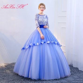 AnXin SH princess plavi cvijet čipkan haljina s okruglog izreza, iluzija, pola rukava, винтажное loptu haljina s ukras u obliku kristala, večernjih haljina