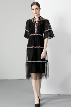 Суперское ljetna haljina od сетчатого šifon u korejskom stilu, vezeni u Patchwork stilu, Плиссированное, s расклешенными rukavima, Трапециевидное večernja haljina