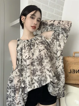 2023, proljeće novo, ženski korejski stil s otvorenim ramenima, visokokvalitetna klasicni cvjetni slikarstvo maskara, košulja s пузырчатым rukava, košulje