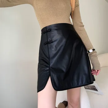 Univerzalni uvozni suknja od janjeće kože s visokim strukom, ženska демисезонная suknja Y2K u kineskom stilu s lukom u retro stilu, tanka нерегулярная mini-suknja