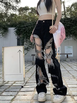 Dark-gothic uličnu odjeću Crne poderane traperice s кисточками ženske ravne hlače u stilu grunge s visokim strukom u stilu hip-hop, slobodan široke hlače