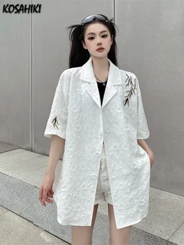 Moderan bluzu s odbačenost ovratnik s vezom, ženska svakodnevni slobodna плиссированная košulja 2023 Harajuku Y2k, estetski однобортные bluze