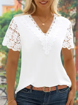 Moderan cvjetne čipke majica s V-izrez i low-cut bluzu, ured za ženska ljetna svakodnevni monotono bluzu kratkih rukava za žene 2023, bijele majice