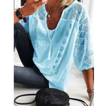 Ženska bluza iz slobodnog pamuk veličine, ljetna bluza 2023, vrhovima, moderan svakodnevni cvjetne čipke majica s V-izrez i пятиточечным rukav Veličine plus