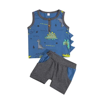 FOCUSNORM/Kits ljetne odjeće za male dječake 0-24 m pulover bez rukava s po cijeloj površini dinosaura, prsluk, majice, Kratke hlače, 2 kom.