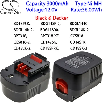 Cameron Sino Ni-MH punjive baterije je 3000 mah 12,0 U za Black & Decker EPC18CABK, EPC18CAK, EPC18K2, FS188F4, GC818, GCO18SFB, GKC18, GKC1817