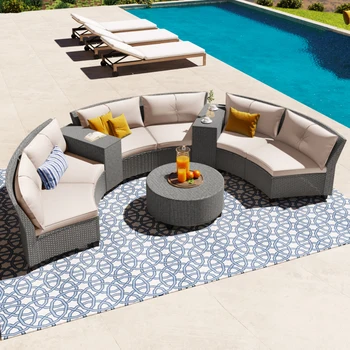 Oblikovan poput lepeze a sastavljen vrt kauč od ratana u kombinaciji s jastucima i stolom, set vrtnih sofe na otvorenom