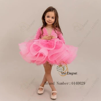 Slatka baby roza haljina s cvjetnim uzorkom za djevojčice 2023 godine, ljetne haljine za svadbene zurke s V-izrez, sa šljokicama, s dugim rukavima, multi-level