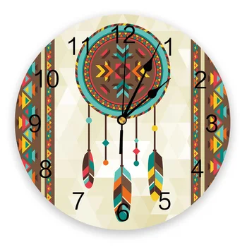 Okrugli zidni sat s ловцом snova u etničkom stilu iz indijske olovke, viseće sat sa tihi vremenom, interijer, spavaća soba, dnevni boravak, Ured dekor