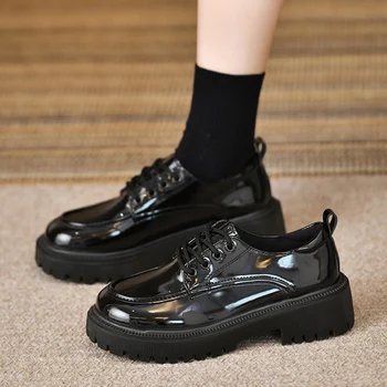 Crne ženske cipele-Oxfords od lakirane kože, jesenske cipele-brod na ravnoj platformi bez spojnica, Ženska Ured za cipele s debelim Potplatima, Zapatillas Mujer