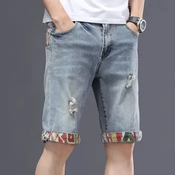 Muške ljetne traper kratke hlače s rupom, trend vez velike veličine, bijeli trend label, slobodne i svakodnevne