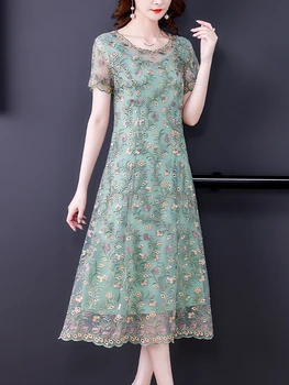 2023 Zelenu svilenu haljinu Midi s cvjetnog vezom, Donje korejski винтажное svakodnevno haljina za prom, Ljetni Modni Pluća Elegantne uske Haljine