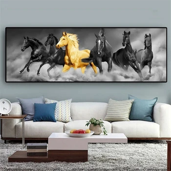 Šest hodaju crnih i zlatnih konja Ljubimci Slika na platnu Zlatne plakate i grafike Zidni umjetnička slika Ukras kuće Bez okvira