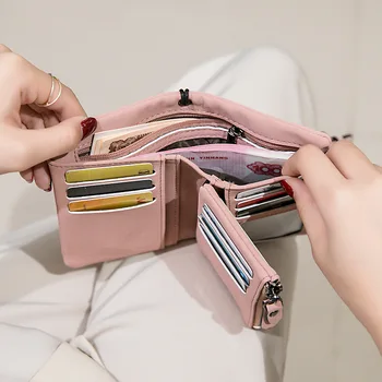 Kratki Sklopivi novčanik, ženski Novčanici, multifunkcionalni torbicu od nubuk munje s remenom u ruci, ženske Carteras Para Mujer