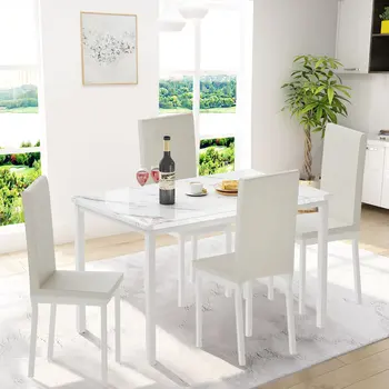 Blagovaona set od 5 predmeta, kuhinjski stol s mramornom sudopera, 4 trajnih crne stolice sa presvlakama od umjetne kože za kutak za doručak