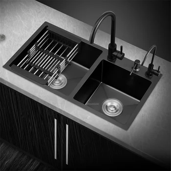 Luksuzni dvostruki umivaonik od 304 Nehrđajućeg čelika Posuda za sudopera, Domaćom Kuhinjom iznad Pulta, Black Pribor za pranje posuđa